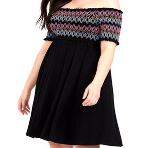 Smocked off-shoulder knee length dress